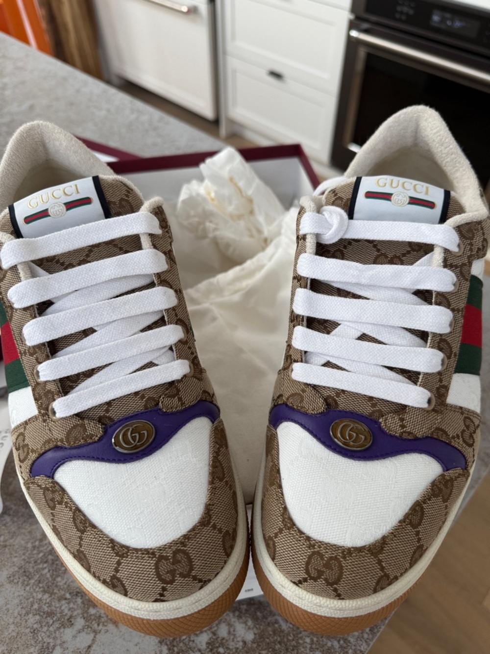 Gucci Brown GG Supreme Sneakers with White, Green & Red and Purple Accents